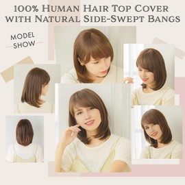 LINEASTORIA 100% Human Hair Luxe Natural Sweep Top Cover with Clip-In Bangs - Glossy, Volumizing, & Gray Concealing (Dark Brown)