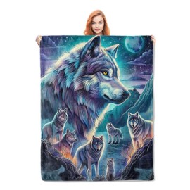 Wolf Blanket Gifts for Adults Men Girls Soft Warm Lightweight Cozy Plush Blue and Purple Wolf Animal Throw Blankets for Bedroom Living Room Sofa Home Decor 60"x50"