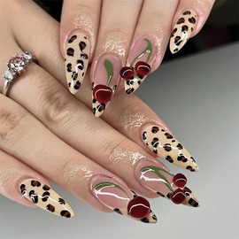 LOPMNGHT 24Pcs Leopard Press on Nails 3D Cherry False Nails French Tip Press on Nails Long Length Leopard Nails Almond Stick on Nails Full Cover Coffin Nails Artificial Glue on Nails for Women