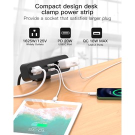 Desk Clamp Power Strip 10ft Flat Plug Extension Cord with USB C, 2 Outlets, Surge Protector USB C (PD 20W), USB A(QC 18W) Fast Charging Ports,Table Outlets for Home, Office, Black
