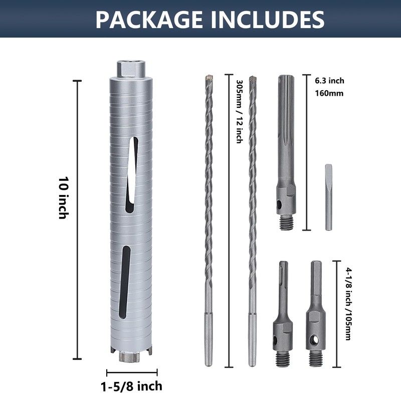 1-5/8 inch Diamond Dry Core Drill Bit, 10" Drilling Depth,