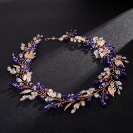 Teyglen- Diadema de novia con enredadera para el pelo, con cristales azules y hojas doradas, hecha a mano, en azul, rojo y verde