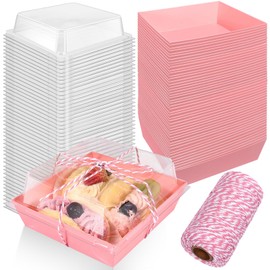 STRAYJO 50 Pack Paper Charcuterie Boxes with Clear Lids,4.3" Pink Square Disposable Food Containers Bakery Boxes,Oil-Proof Kraft Paper Dessert Boxes,Disposable Sandwich Boxes for Bakery,Cake(Pink)