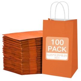 MOORAY 100 Pack Orange Small Paper Bags with Handles Bulk, Gift Paper Bags,5.25 * 3.25 * 8.25 Inch Kraft Birthday Party Favors Grocery Retail Shopping Craft Bags Takeouts Business (100pcs,Orange)