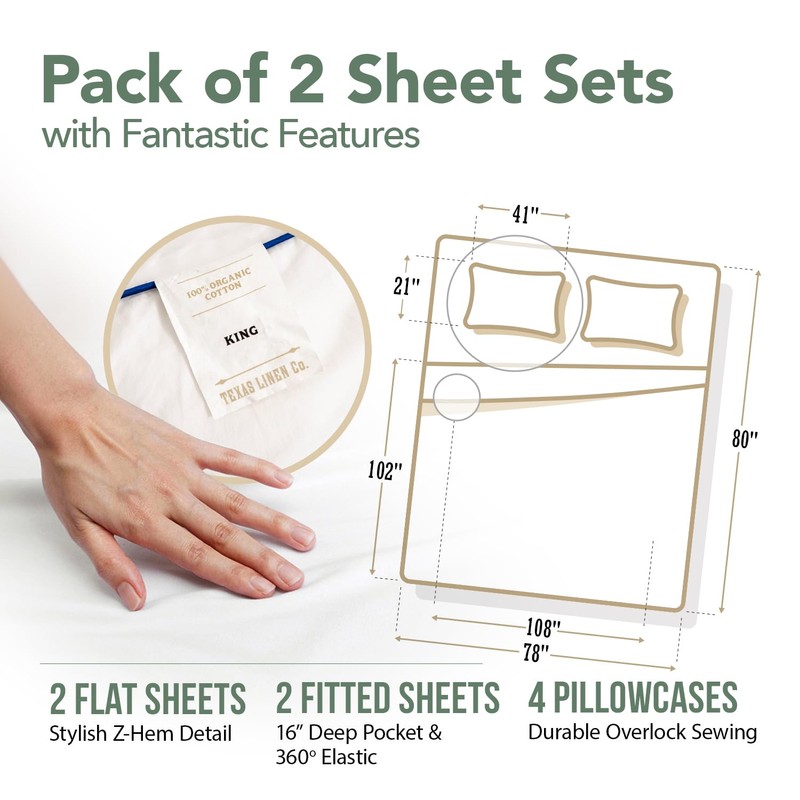 TEXAS LINEN CO. 2-Pack 100% Organic Cotton King Size Sheets