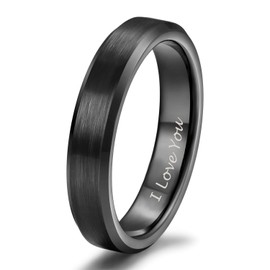 4mm Black Tungsten Ring for Women Engraved I Love You Thin Brush Wedding Bands Bevel Edge Comfort Fit Size 9.5