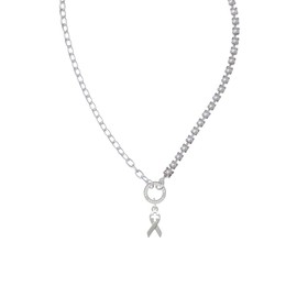 Delight Jewelry Silvertone Ribbon with Cross Cutout Stronger Braver Smarter Mixed Cable and Imitation Pearl Chain Choker Necklace, 14.75-17"