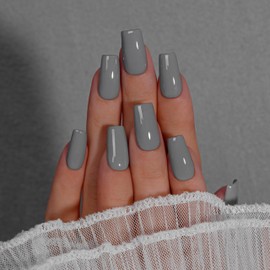 KQueenest Dark Grey Press On Nails Medium Long Square - Acrylic Press On Nails with Glue, Coffin Fake Nails Press ons, Glossy Opaque Stone Grey, Reusable Soft Gel Glue on Nails for Women, 24 Pcs