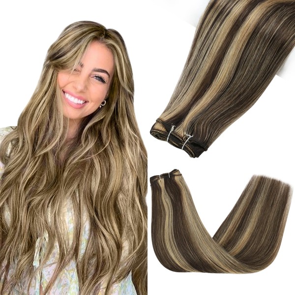 Fshine Real Hair Wefts for Sew-In 22 Inches/55 cm 100 g Colour 4 Medium Brown Highlighting with 27 Honey Blonde Real Hair Full Head Extensions Bundles Weft Human Hair