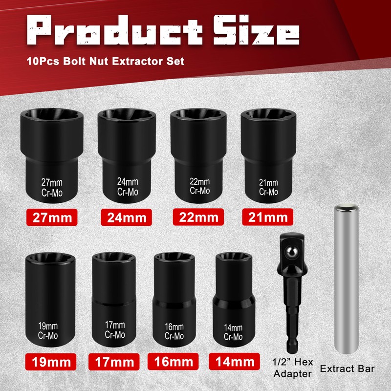 STXDY 10Pcs Bolt Nut Extractor Set, 1/2-Inch Stripped Bolt Extractor