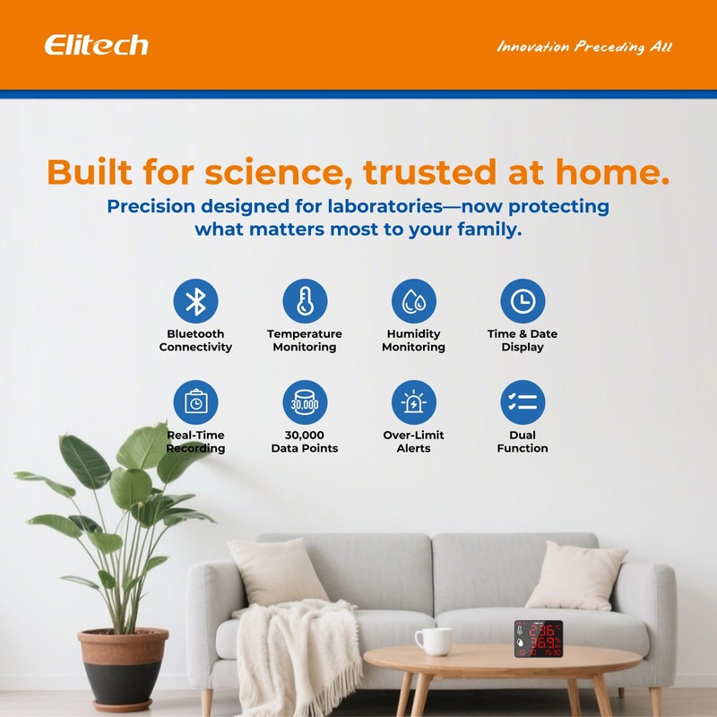 Elitech Digital Hygrometer Thermometer with 2m External Probe, Bluetooth Data