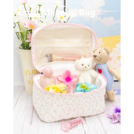 Quilted Makeup Bag Large Travel Zipper Soft Cosmetic Case for Women Girls Make Up,Little Flower Pink