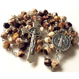 elegantmedical Natural Agate Beads Saint St. Benedict Rosary Cross Catholic Necklace Gift Box