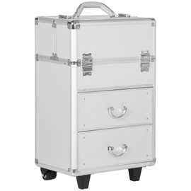 HOMCOM Rolling Makeup Train Case, Lockable Storage Cosmetic Trolley, Large Traveling Cart Trunk with Swivel Wheels, Folding Trays and Keys, Silver