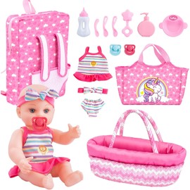 deAO 12 Inch Baby Doll, Toy Doll with Backbag, Handheld Holder, Portable School Bag, Doll Clothes, Baby Doll Feeding and Care Set with Nipple Feeding Bottle for Girls, Toy Gift