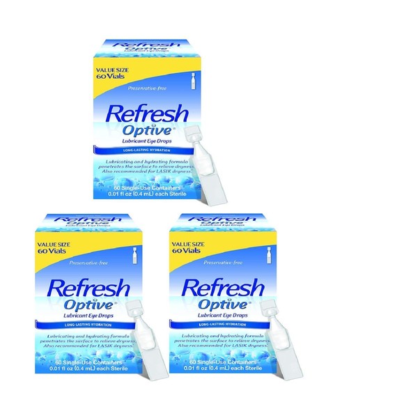 Refresh Optive Lubricant Drops for Sensitive Eyes, 60 Vials, Preservative-free - Great Value Size (Pack of 3)- (180 Vials)
