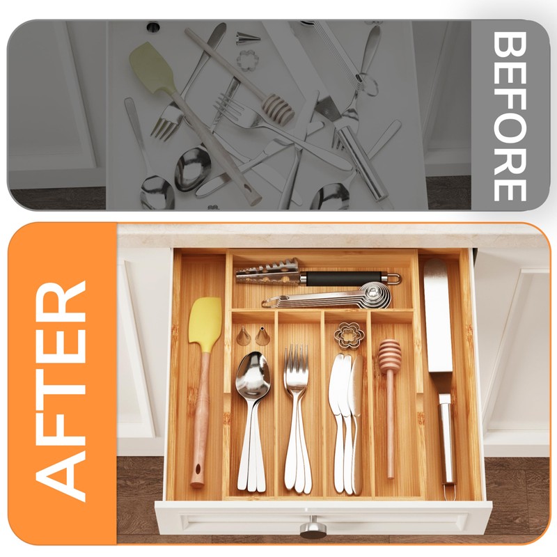 BAMEOS Bamboo Expandable Drawer Organizer, 5-7 Slots Kitchen Drawer Organizer,