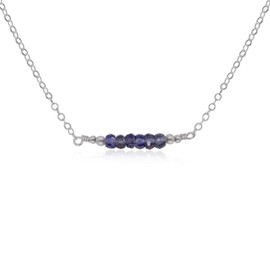 Tiny Sparkling Iolite Faceted Bead Bar Necklace in Stainless Steel
