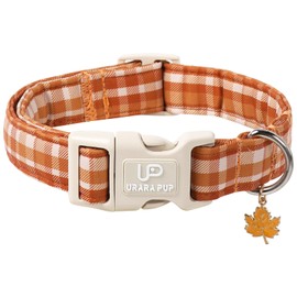 UP URARA PUP Fall Plaid Dog Collar with Maple Leaf Charm – Adjustable Autumn Checkered Dog Collar for Small Medium Large Dogs, Soft Cotton Puppy Collars with Quick Release Buckle and Metal D-Ring