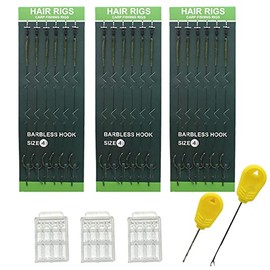 18PCS Carp Fishing Hair Rigs Ready Tied Wide Gape Barbless Telfon Carp Hook with Hair Extender Bait Stoppers Baiting Needle (4# 18PCS)