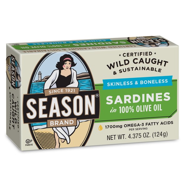 Season Skinless & Boneless Sardines in Oil, 4.375-Ounce Tins (Pack of 12)