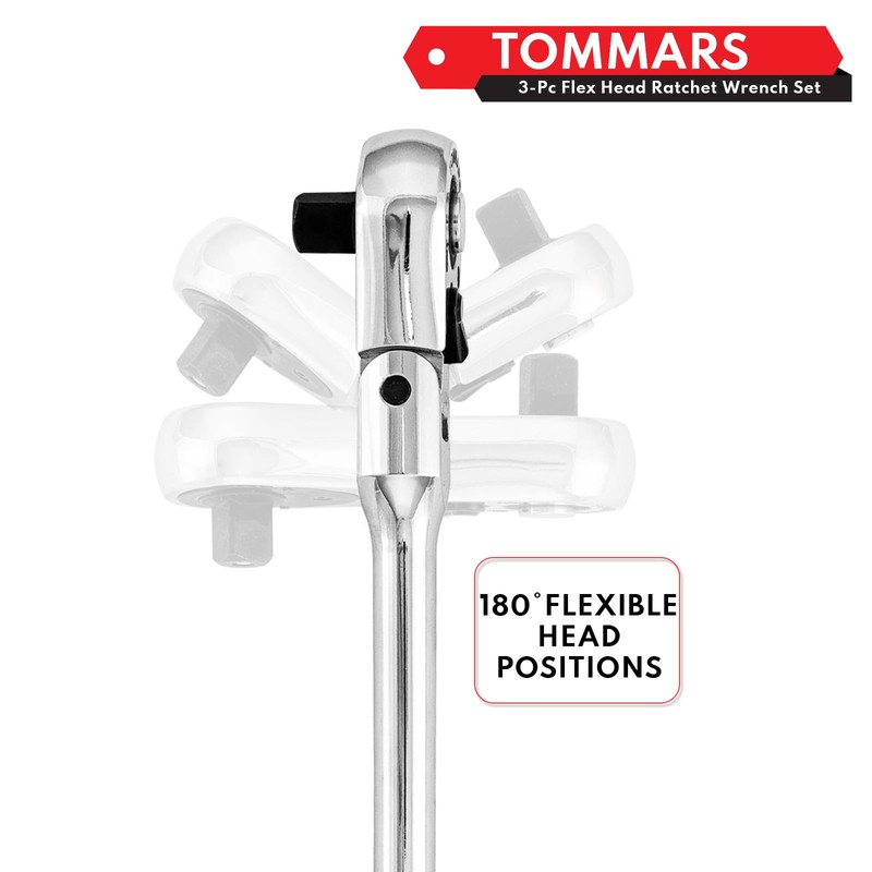 TOMMARS Flex-Head Stubby Ratchet Set, 1/4", 3/8", 1/2" Drive Flexible
