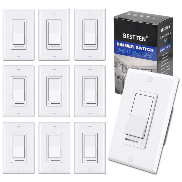 BESTTEN [10 Pack] Dimmer Light Switch, Single-Pole or 3-Way Dimmer Switches, 120V, Compatible with Dimmable LED, CFL, Incandescent and Halogen Bulbs, Decorator Wallplate Included, UL Listed, White