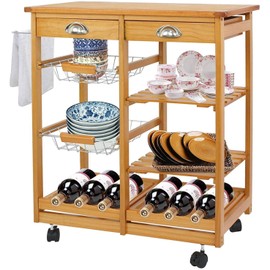 HomGarden Wood Rolling Kitchen Island Storage Cart Dining Trolley Microwave Cart w/Drawer Shelves Basket Stand Counter Top Table