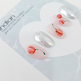 cherry Handmade nail tip water ink cherry nail - Coffin Midi / cherry 수제네일팁 물먹 체리네일 - 코핀미디