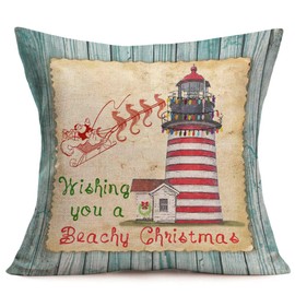Tlovudori Christmas Nautical Lighthouse Blessing Quote Throw Pillow Covers Vintage Wood Ocean Seahorse with Santa Claus Cushion Case Cover Cotton Linen Home Decor Pillow Case 18”x18”   (CL-Lighthouse)
