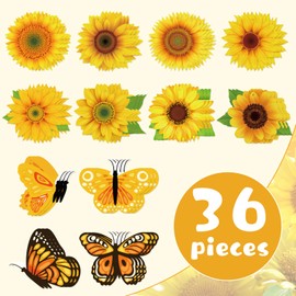 Lemicin 36 Pcs Sunflower Butterfly Ornaments for Tree, Summer Tree Ornament Pendant Spring Yellow Flower Butterfly Hanging Tags with Rope Paper Sunflower Decoration for Home Party Favors