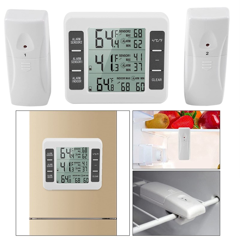 Refrigerator Thermometer, Wireless Digital Freezer Thermometer with 2 Sensors &
