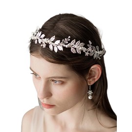 Teyglen Leaf Wedding Hair Vine Bridal Leaves Pearl Headband with Flower Hair Accessories for Bride Handmade Crystal Hair Piece Leaf Headpiece for Women Girls