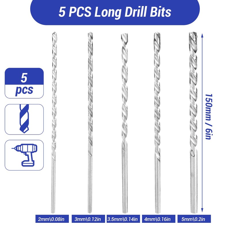5 PCS Extra Long Wood Drill Bits Set, 150mm High-Speed