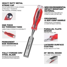HAUTMEC 1" High Impact Wood Chisel for Woodworking Drop-Forged CRV Steel Beveled Edge Blade Ergonomic Handle Wood Chisel for Carpentry Wood Carvers HT0362-UK