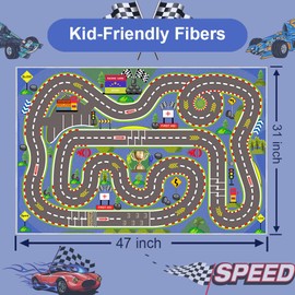 Pyrrhite Kids Rug, Race Track Playmat Rugs 47×31 in Kids Carpet with Rubber Backing, Start and Finish line Racing Track Marking Car Road Race 3D Play Mat Nursery Rugs for Children Bedroom Playroom