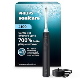 PHILIPS - Cepillo de dientes eléctrico Sonicare 4100, cepillo de dientes eléctrico recargable con sensor de presión, negro HX3681/24
