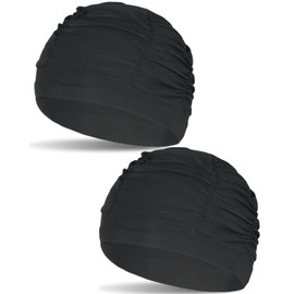 IPNSDON 2 PCS Black Pleated Swimming Cap,Nylon Women's Pleated Swim Cap - Elastic, Comfortable, Long Hair Protection Cap for Swimming, Surfing, Bathing & Shower