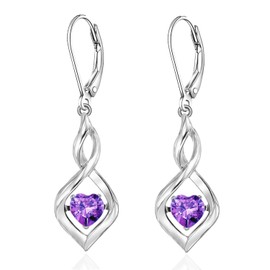 WASEE Amethyst Earrings 925 Sterling Silver Heart February Birthstone Dangle Drop Leverback Earrings for Women Birthday Mothers Day Anniversary Christmas Earrings Jewelry for Women