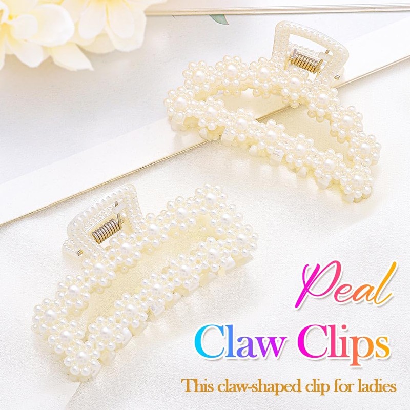 CAKURE Pearl Hair Clips White Medium Claw Clips Non Slip