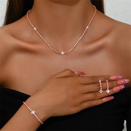 Rhinestone Bridal Wedding Jewelry Set for Women,Dainty Sparkly Crystal Statement Choker Necklace Earrings Bracelet Set Bridal Wedding Prom Jewelry Accessories (Rose Gold)