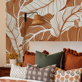 funlife Peel and Stick Textured Vinyl Boho Sketch Tropical Leaves Wall Mural, Huge Self Adhesive Leather Effect Wallpaper for Bedroom Living Room Home Decor, Flat Vintage Anthurium 94.49"x98.43"