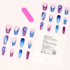 24Pcs Acrylic Press on Nails Long Fake Nails, Blue Purple Gradient False Nails with Designs Rhinestones, Coffin Nails Press ons Colors French Tip Nails Artificial Nails For Women Girls