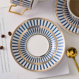 CwlwGO-Ceramic Coffe Cup and Saucer Sets,British Bone China Blue Gold Tea Cup and Saucer Service for 4, Golden, Gifts Box, China Tea Set, Tea Sets for Women,Tea Set for Adults.