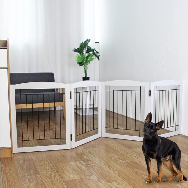 ZJSF Freestanding Foldable Dog Gate for House Extra Wide Wooden White Indoor Puppy Gate Stairs Dog Gates Doorways Tall Pet Gate 4 Panels Fence