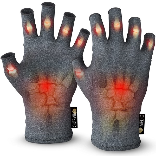 iMedic Arthritis Gloves for Women & Men - 1 Pair of Large Grey Compression Gloves for Arthritis Pain Relief - Fingerless Gloves for Women & Men - Arthritis Gloves for Men & Women