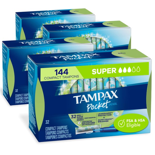 Tampax Pocket Pearl Plastic Tampons, Super Absorbency, 128 Count, Unscented (32 Count, Pack of 4 - 128 Count Total) (Packaging May Vary)