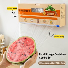 EXQSERAMC Plastic Wrap with Slide Cutter for Food, 100meters Cling Film with Magnetic Back, Includes 100 Reusable Plastic Bowl Covers, Microwave and Refrigerator Safe, BPA Free (1 Pack)