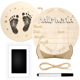 Laoyuss Baby Announcement Sign, 5.9inch Round Wooden Hello World Newborn Signs, Birth Announcement Sign: Equipped with Ink Pad Can Baby Handprints and Footprints for Photo Prop Hospital Nursery Gift