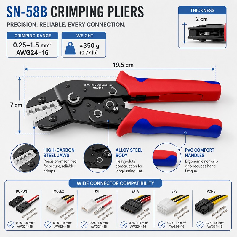 SN-58B Ratcheting Crimper for Open Barrel Terminals – AWG 24–16